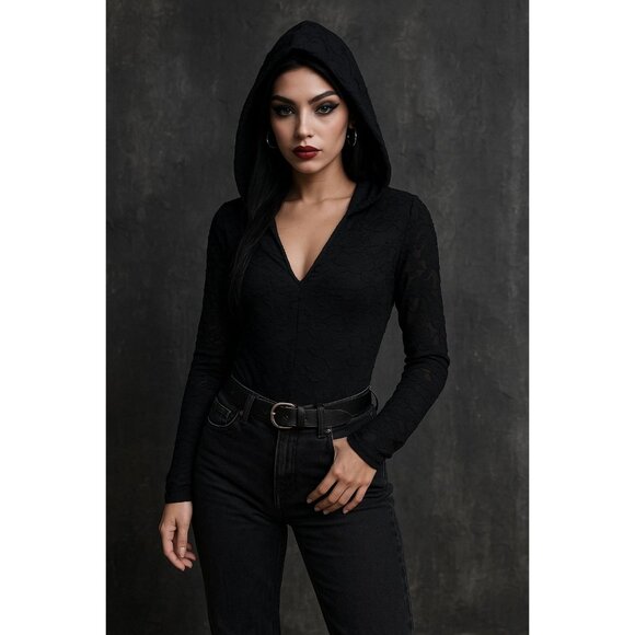 Savage X Fenty Black Lace Y2K Hooded Gothic Streetwear Bodysuit - Size Large - Picture 1 of 7